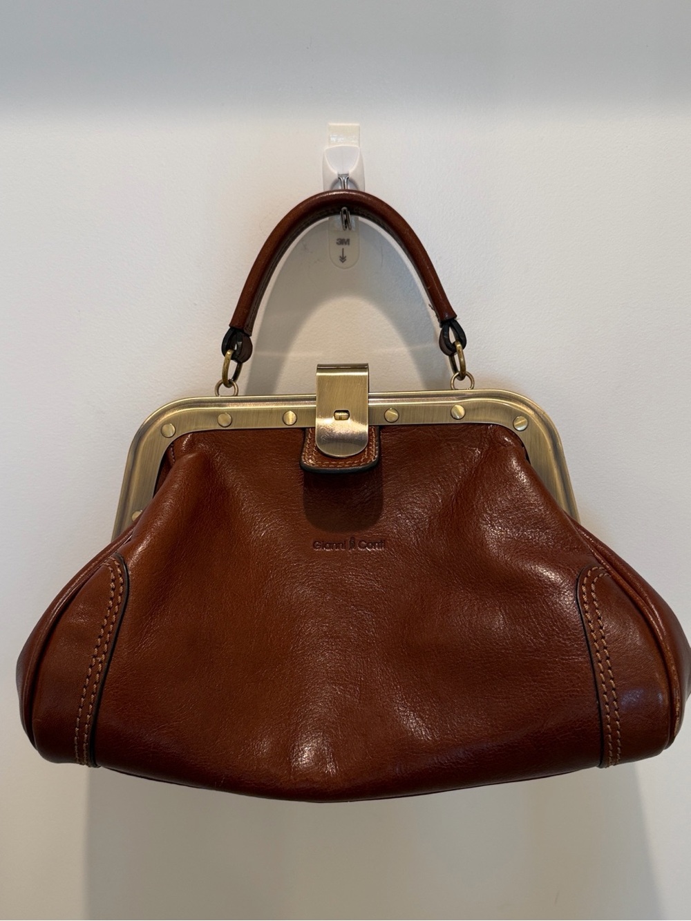 Gianni Conti Brown Italian Leather Metal Frame-Top Satchel Handbag